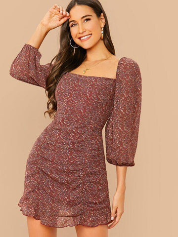 Lantern Sleeve Ruffle Detail Ditsy Floral Chiffon Dress - takostyle