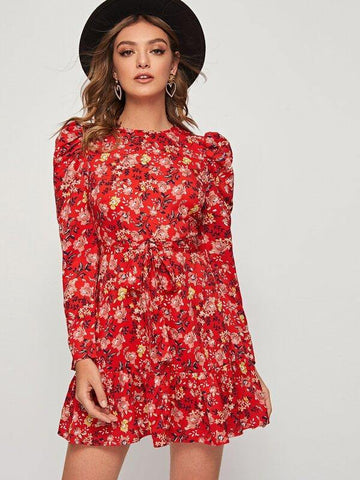 Floral Print Leg-of-mutton Sleeve Self Belted Dress - takostyle