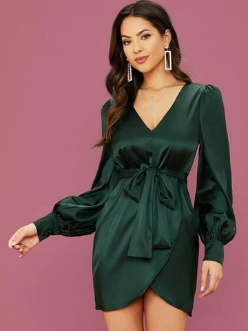 V-neck Lantern Sleeve Wrap Belted Satin Dress - takostyle