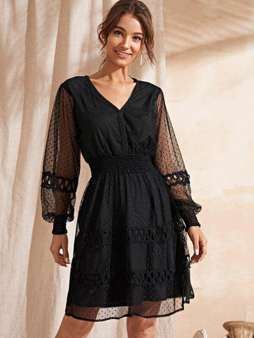 Polka Dot Shirred High Waist Mesh Dress - takostyle