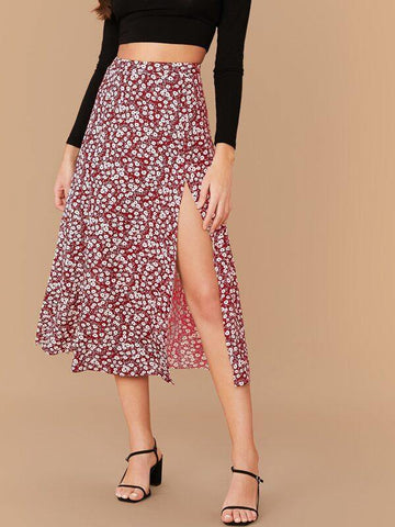 Split Thigh Ditsy Floral Print Skirt - takostyle