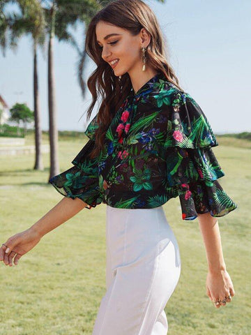 Tie Neck Layered Sleeve Tropical Print Blouse - takostyle