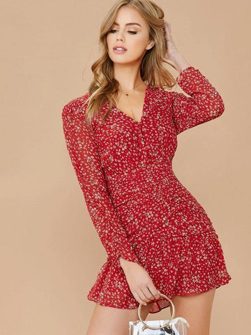 V-Neck Floral Print Long Sleeve Ruched Mini Dress - takostyle