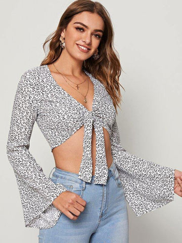 Tie Front Flounce Sleeve Ditsy Floral Top - takostyle