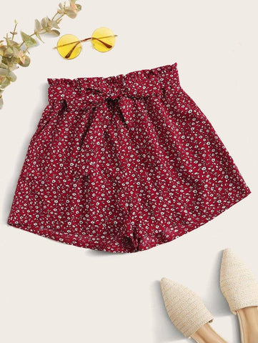 Belted Ditsy Floral Print Shorts - takostyle