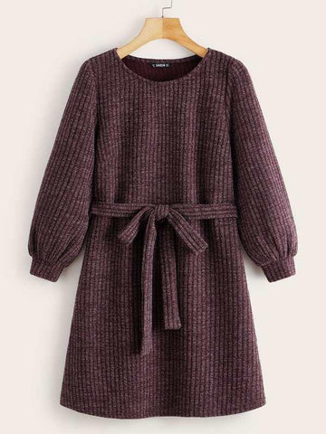 Lantern Sleeve Rib-knit Belted Dress - takostyle