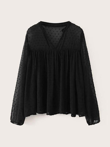 Swiss Dot Notched Neck Chiffon Babydoll Blouse - takostyle