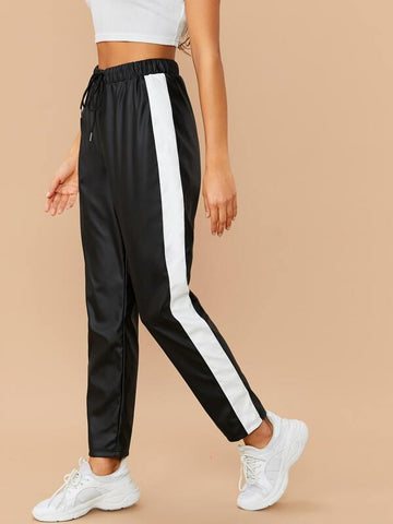 Drawstring Waist Contrast Sideseam PU Leather Pants - takostyle