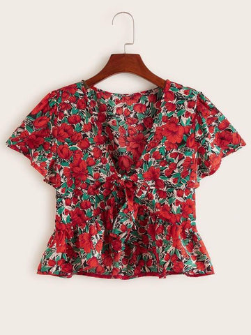 Tie Front Allover Floral Print Peplum Top - takostyle