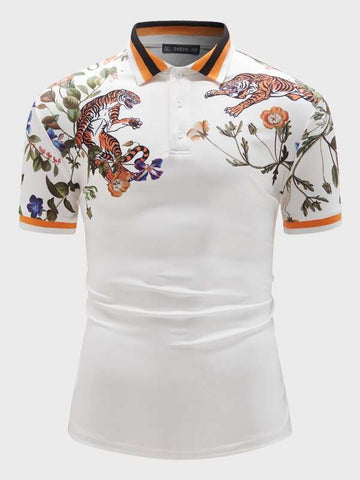Men Tiger and Floral Print Striped Collar Polo Shirt