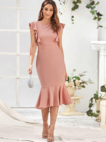 Ruffle Trim Fishtail Bodycon Dress - takostyle