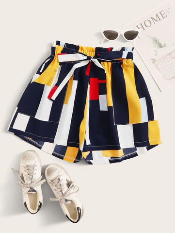Colorblock Geo Print Belted Shorts - takostyle