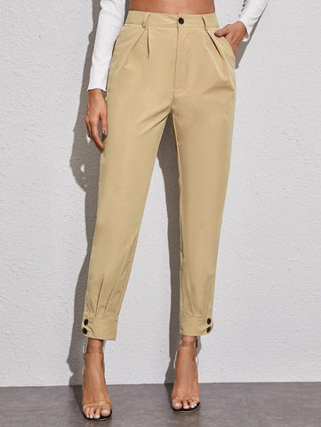 Solid Buttoned Cuff Tapered Pants - takostyle