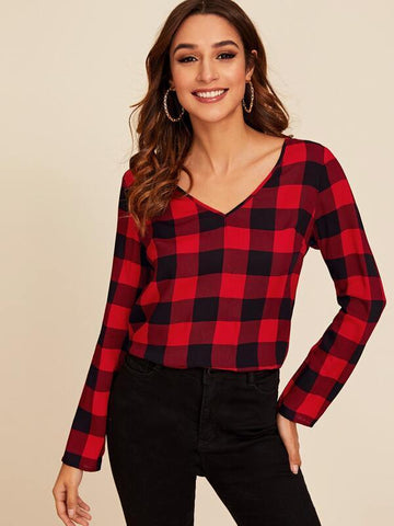 V-neck Buffalo Plaid Top - takostyle