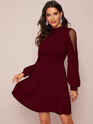 Mesh Insert Lantern Sleeve Dress - takostyle