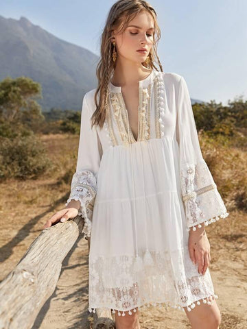 Tassel Tie Neck Lace Insert Smock Dress - takostyle