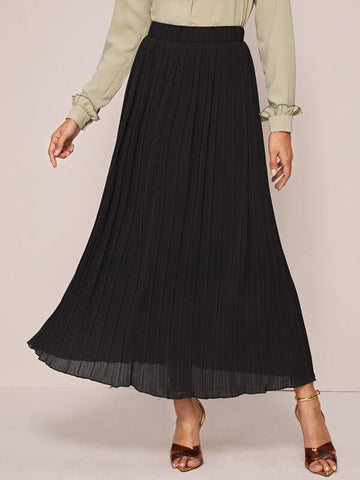 Elastic Waist Solid Pleated Skirt - takostyle