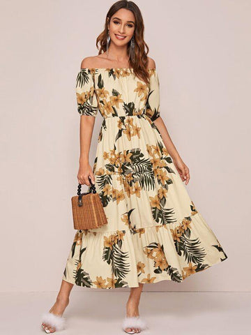 Off Shoulder Floral Print Dress - takostyle