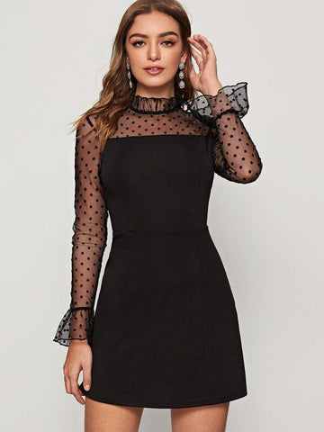 Dobby Mesh Panel Flounce Sleeve Dress - takostyle