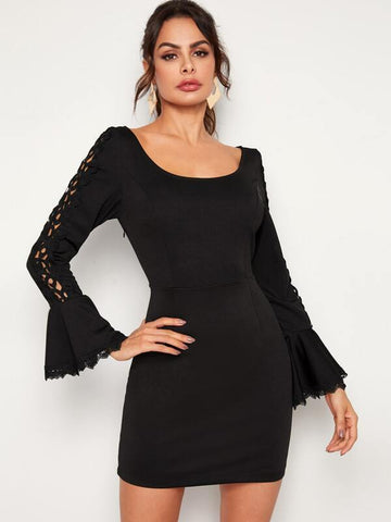 Scoop Neck Guipure Lace Insert Flounce Sleeve Dress - takostyle