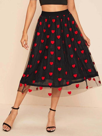 Heart Embroidery Mesh Flare Skirt - takostyle