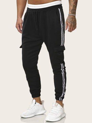 Men Flap Pocket Side Striped Drawstring Sweatpants