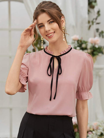 Tie Neck Flounce Sleeve Blouse - takostyle