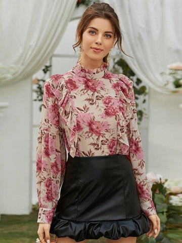 Floral Print Ruffle Trim Blouse - takostyle