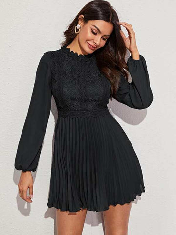 Guipure Lace Front Lantern Sleeve Pleated Dress - takostyle