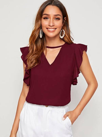 Keyhole Neckline Butterfly Sleeve Top - takostyle
