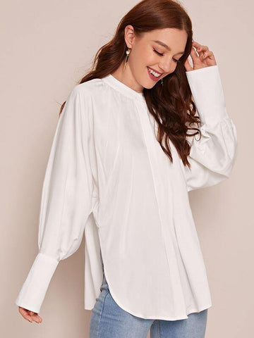 Split Hem Leg-of-mutton Sleeve Button Up Blouse - takostyle