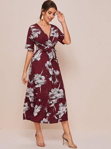 Surplice Front Ruffle Hem Floral A-line Dress - takostyle