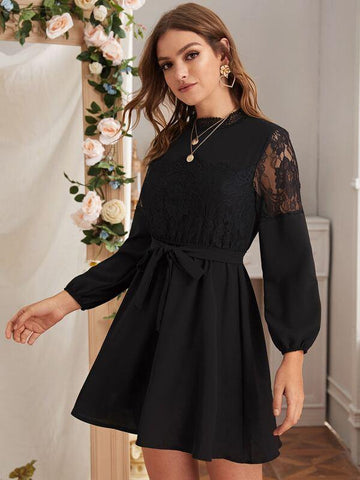 Contrast Lace Keyhole Back Belted Dress - takostyle