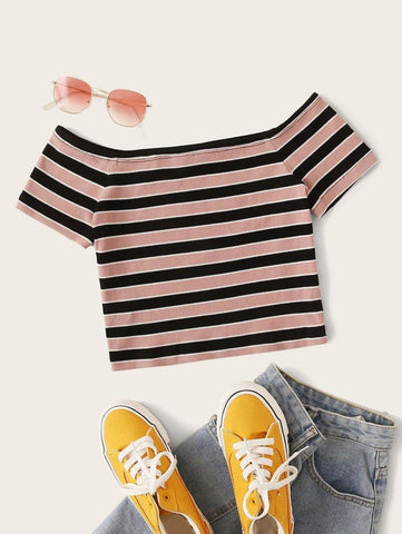 Off Shoulder Rib-knit Striped Tee - takostyle