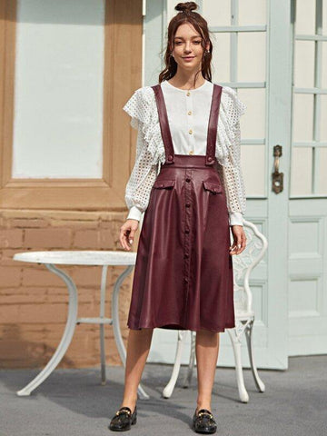 Flap Detail Button Front PU Leather Pinafore Skirt - takostyle