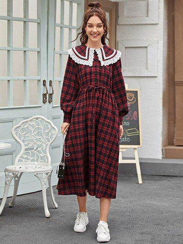Eyelet Embroidered Trim Drawstring Waist Tartan Dress - takostyle