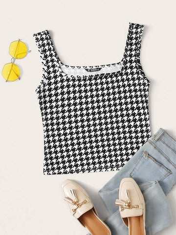 Houndstooth Print Tank Top - takostyle