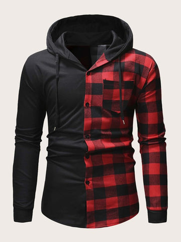 Men Two Tone Buffalo Plaid Hooded Shirt
