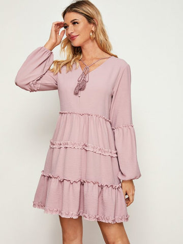 Solid Tie Neck Tassel Frill Babydoll Dress