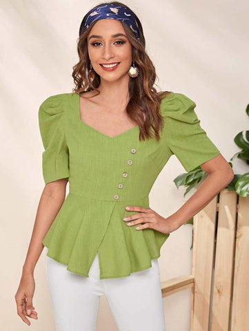 Buttoned Front Puff Sleeve Peplum Top - takostyle