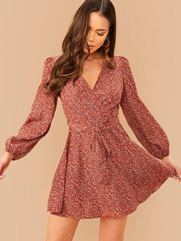 Surplice Neck Lantern Sleeve Belted Ditsy Floral Dress - takostyle