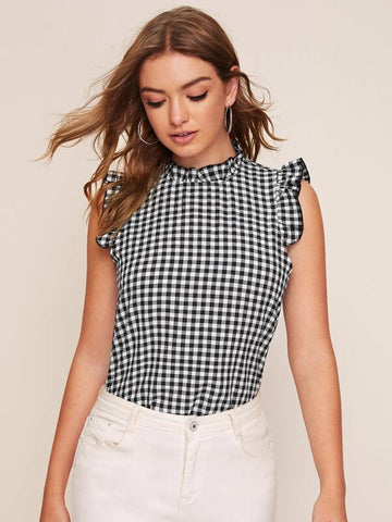 Frill Neck Ruffle Armhole Gingham Top - takostyle