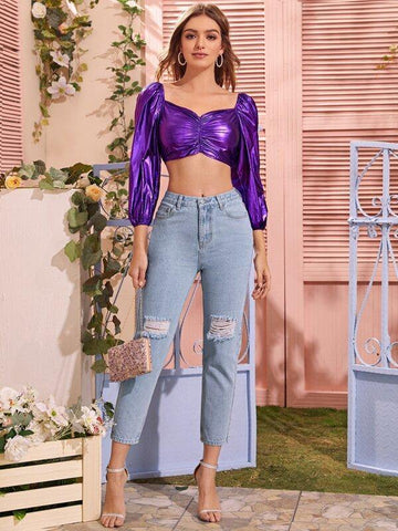 Sweetheart Neck Ruched Metallic Crop Top - takostyle