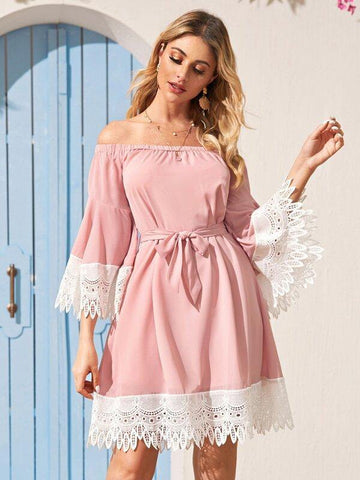 Contrast Lace Belted Bardot Dress - takostyle