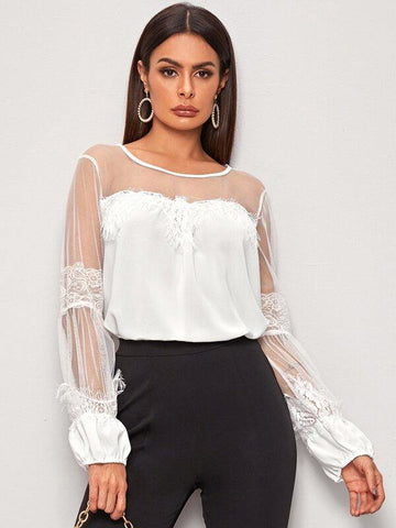 Mesh And Lace Panel Solid Blouse - takostyle
