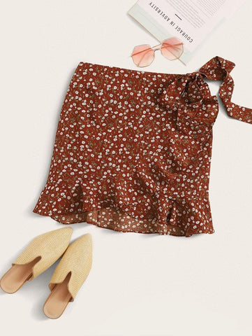 Ditsy Floral Ruffled Self-Tie Wrap Skirt - takostyle