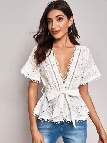 Eyelet Embroidered Wrap Belted Blouse - takostyle