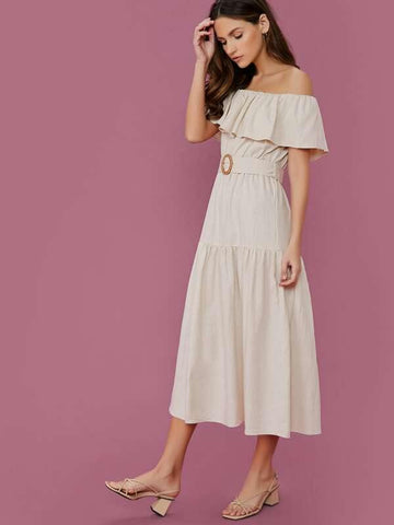 Off Shoulder Belted Waist Shirred Linen Midi Dress - takostyle