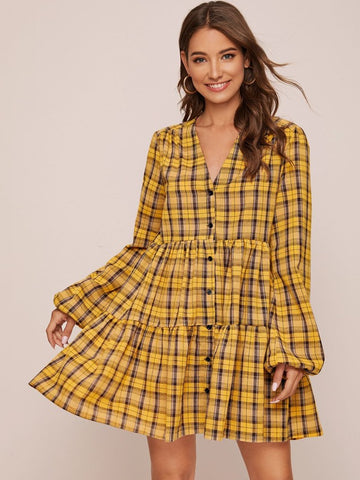 Plaid Bishop Sleeve V-neck Smock Dress