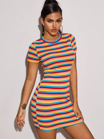 Ribbed Striped Mini Bodycon Dress